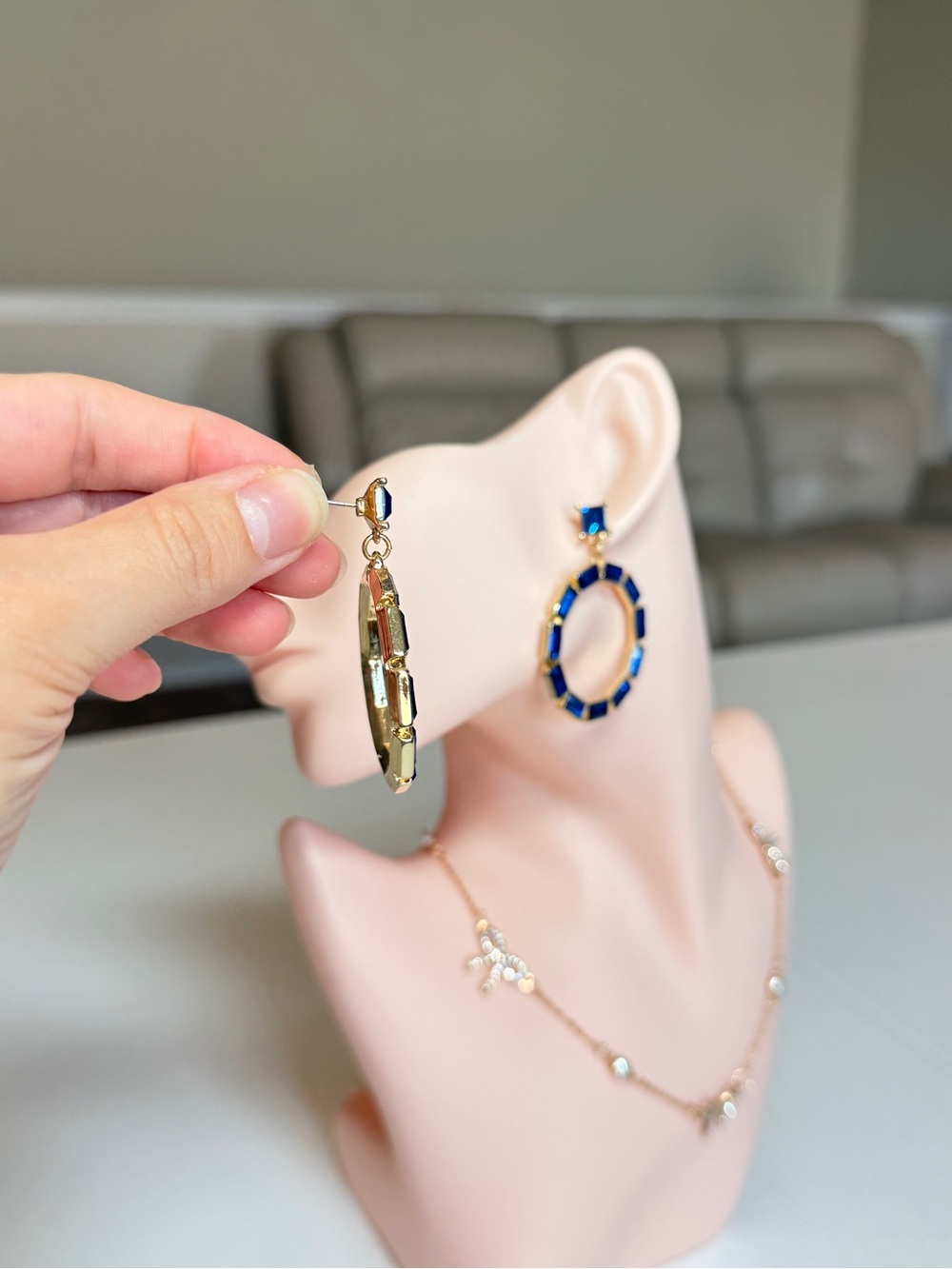 Gold-Tone Hoop Earrings with Blue Gemstones - Picture 7 of 13